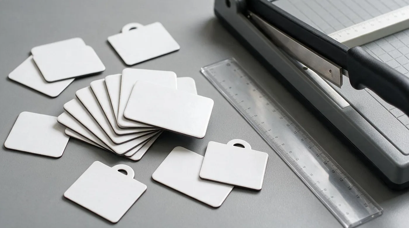 Blank business-card and calendar shaped promotional magnets fanned out on a desk