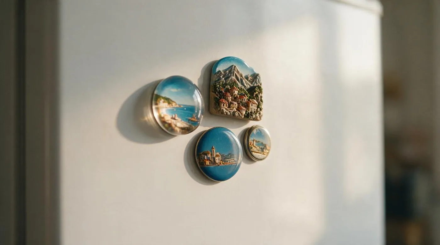 Souvenir magnets in resin, cast polyresin, enamel and tin on a white fridge door