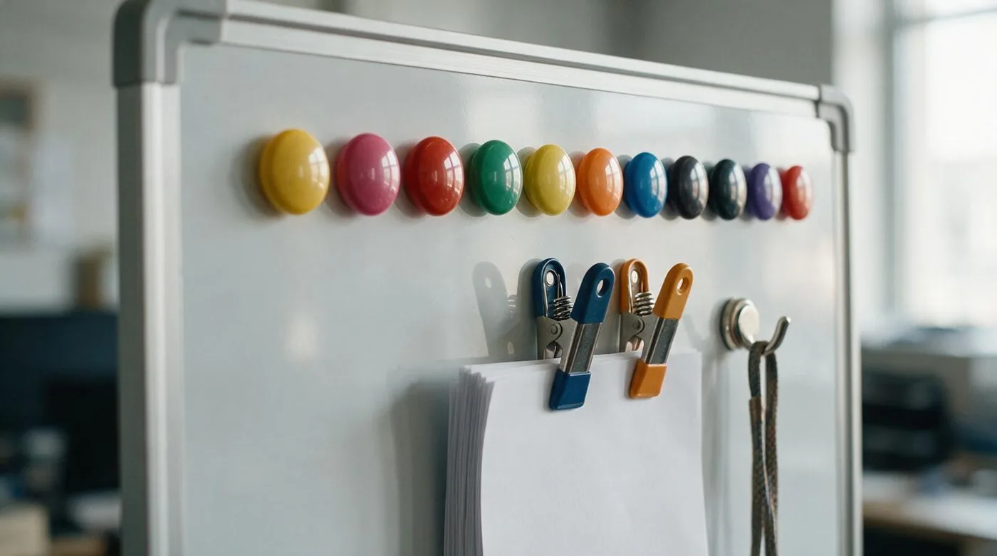 Button magnets, clip magnets holding paper, and a hook magnet on a white board