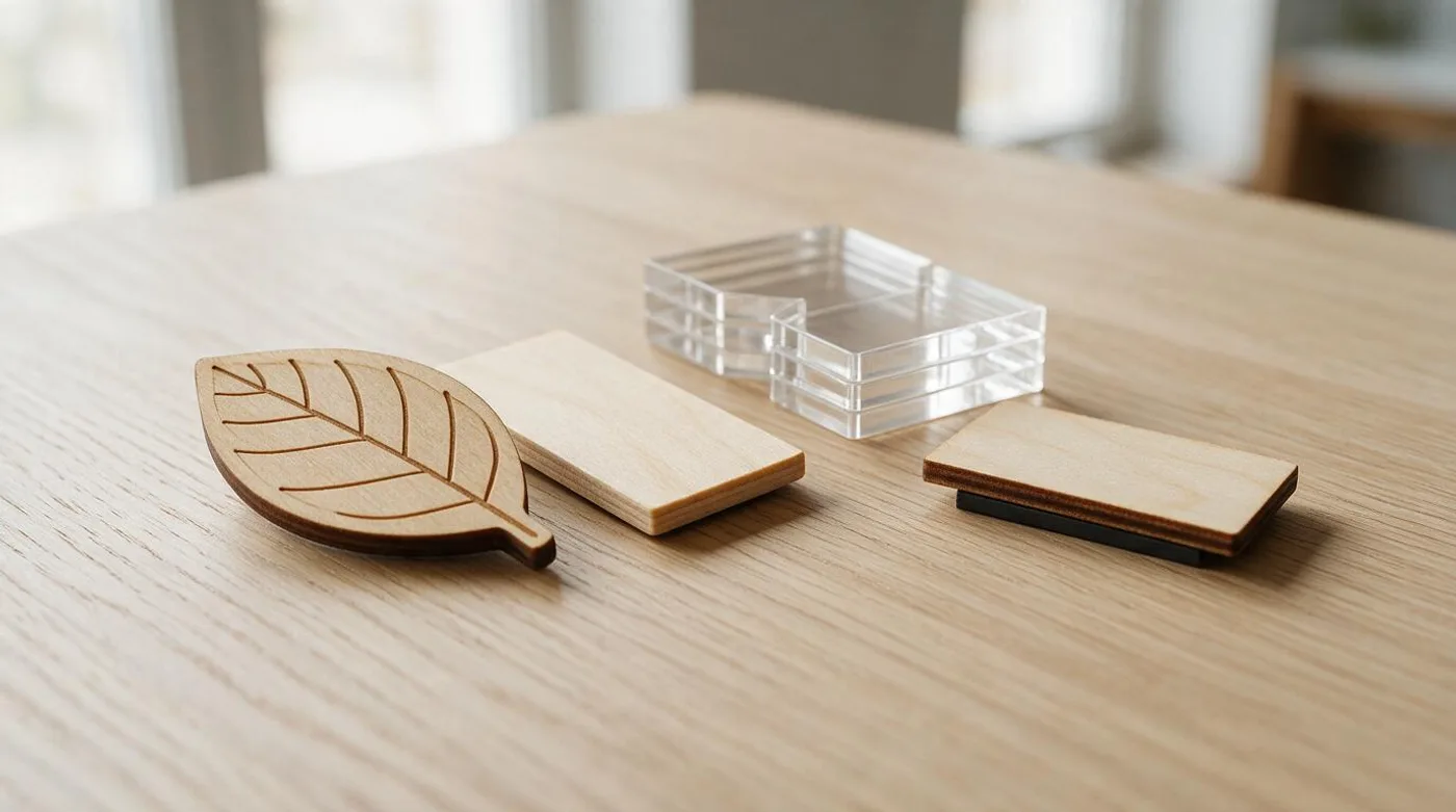 Laser-cut plywood and acrylic magnets with one flipped to show its backing