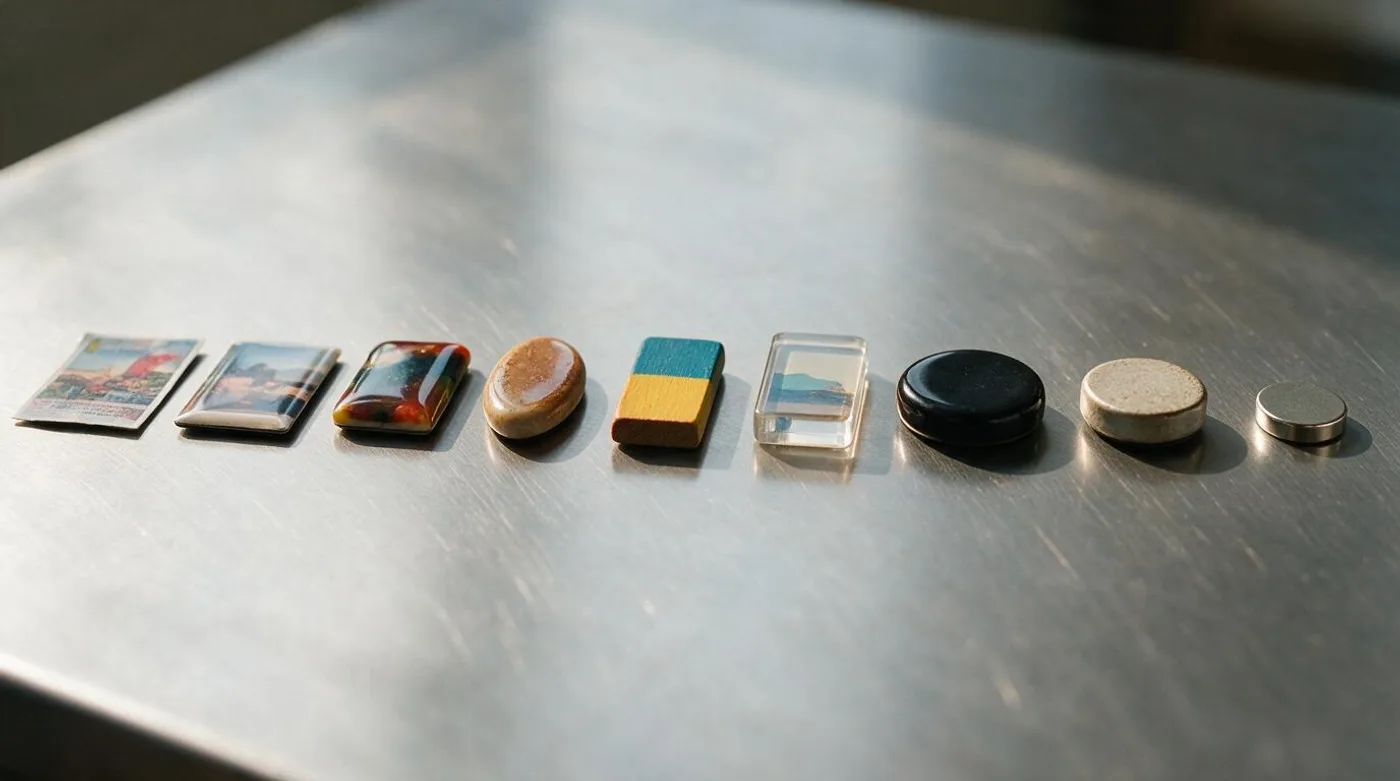 Ten fridge magnets of different materials lined up on steel, lit from the side to show their thickness